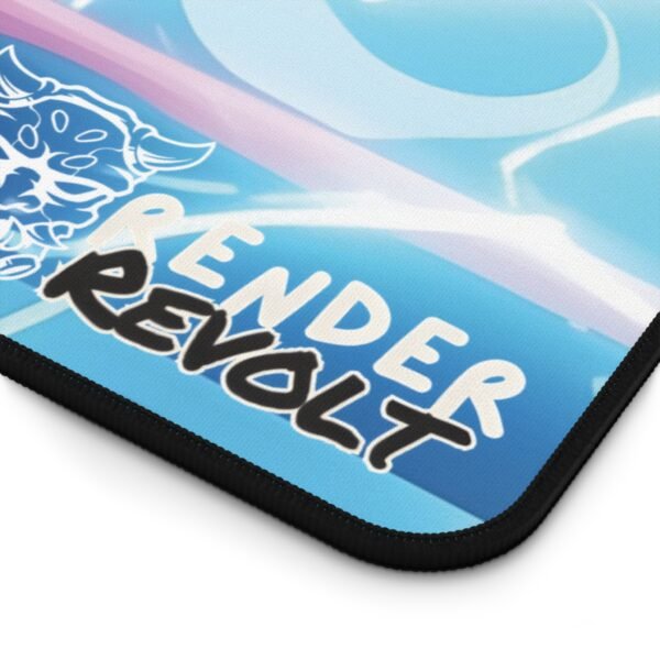 Zoomed-in shot of a Render Revolt anime mouse pad, highlighting the blue stormy background, stitched edges, and premium design quality.
