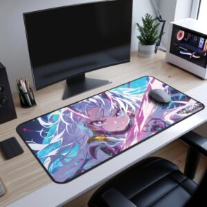 Naomi Aurora Desk Mat Gaming desk setup with a large anime-themed desk mat showcasing a warrior girl with white hair and a glowing pink sword.
