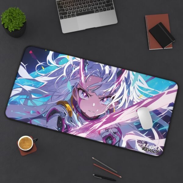 Stylish workstation with an extended anime desk pad, featuring a fierce anime girl in battle armor with striking pink and blue hues.