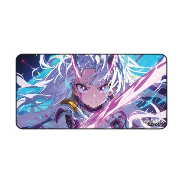 Wide gaming mouse pad with a dynamic anime warrior design, showcasing vibrant colors and intricate artwork.