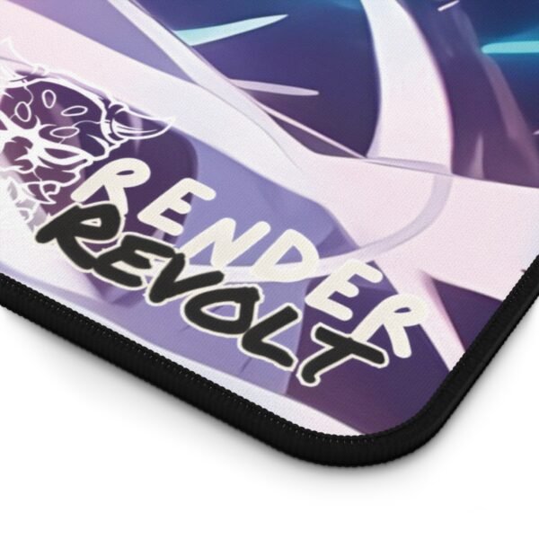 Close-up of the Render Revolt anime desk mat, highlighting the brand logo and stitched edges for durability.