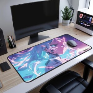 Naomi Demon Desk Mat on a sleek desk with a laptop, coffee, and stationery.