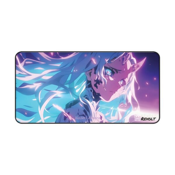 Anime-inspired desk mat featuring a female character with glowing eyes and ethereal blue and purple lighting, designed by Render Revolt.