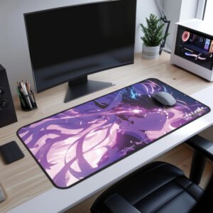 Naomi Purple Oni Desk Mat - Modern desk setup featuring a dark-themed anime desk mat with flowing purple and blue energy effects.