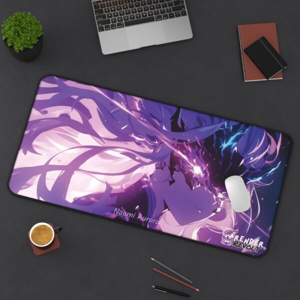 Large anime desk mat featuring a dark fantasy-themed female warrior with flowing purple and blue hair, glowing magical effects, and a powerful aura.