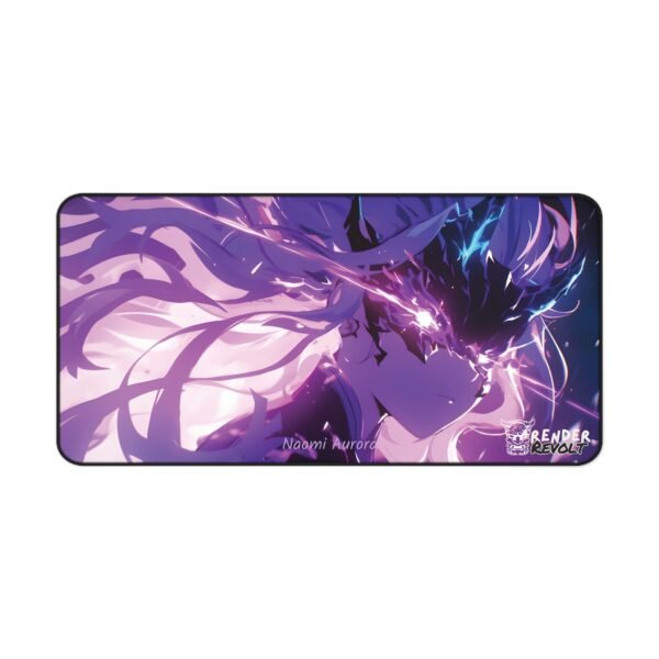 Extended gaming mouse pad showcasing an intense anime character with radiant purple energy, perfect for a stylish battle-themed setup.