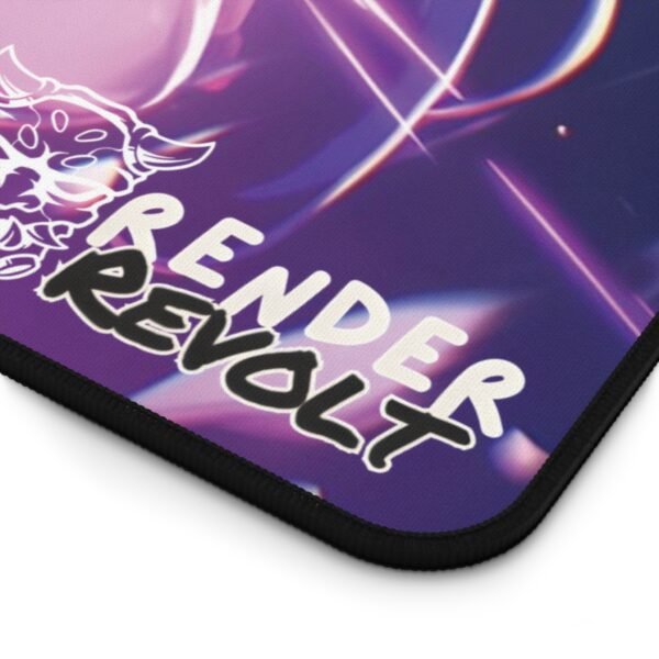Detailed close-up of an anime desk mat from Render Revolt, displaying its premium surface and bold artwork.