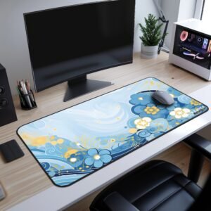 Ocean Bloom Desk Mat - A top-down view of a mouse pad on a dark desk, featuring an abstract blue and gold floral design.