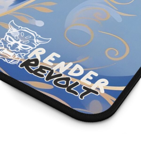 Close-up of the Render Revolt logo on the moonlit mountain desk mat in deep blues and greens.