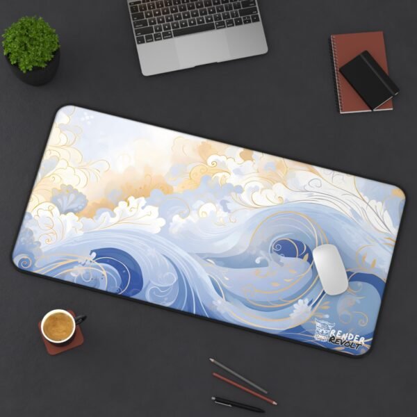 Blue and gold wave desk pad with intricate swirls and floral details