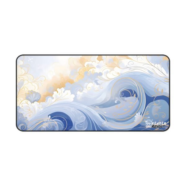 Blue and gold wave desk pad on a dark workspace with a white mouse