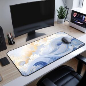 Ocean Flourish Desk Mat - Desk setup with a sunrise floral desk mat featuring a golden sun, rolling hills, and colorful flowers.