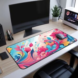 Paradise Flow Desk Mat - A detailed close-up of the desk mat’s bottom right corner, showing an intricate floral wave design in deep blues, pinks, and purples. The edge of the mat is stitched with black threading, giving it a smooth finish.