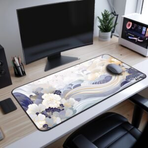 Peonies Flow Desk Mat - A clean office setup featuring the blue and gold floral desk pad under a curved monitor and a wireless mouse