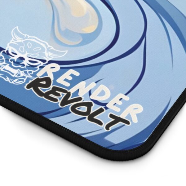 A close-up of the corner of a desk pad with a deep blue wave-like pattern, featuring the "Render Revolt" logo.