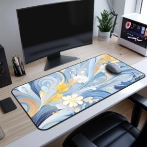 Radiant Flora Desk Mat - Desk setup with a large desk mat featuring a vibrant dark purple and blue floral swirl pattern, placed under a monitor, keyboard, and mouse on a wooden desk.
