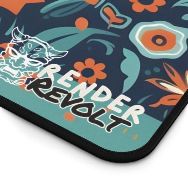 Close-up of a floral desk mat with the "Render Revolt" logo on the corner, featuring bright orange and red flowers on a dark background.