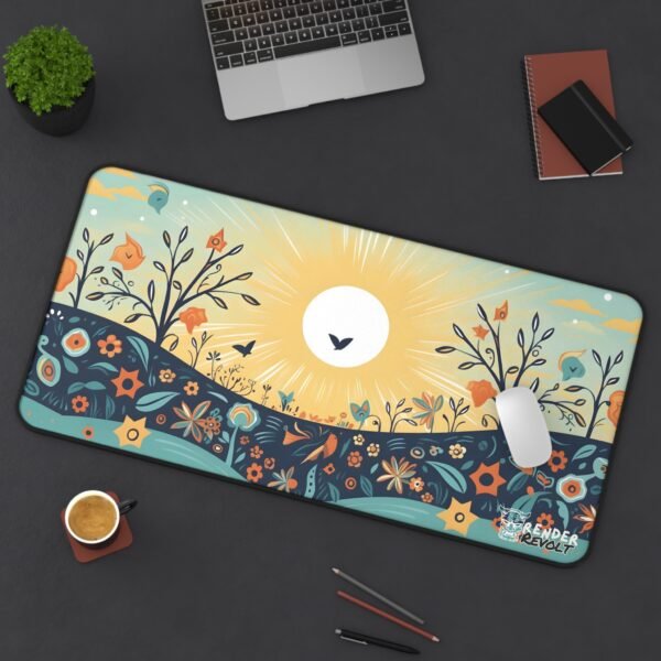 Dark workspace setup featuring the celestial floral desk mat, a laptop, and drawing tools, creating an artistic and sophisticated look.
