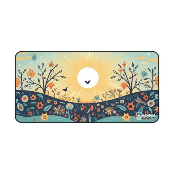 Full view of a sunrise-themed desk mat with soft blue skies, rolling hills, and orange-yellow flowers, featuring the "Render Revolt" logo in the corner.