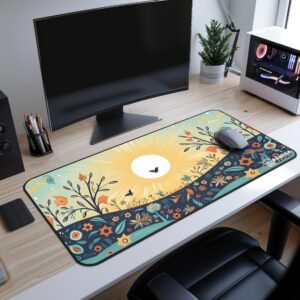 Radiant Meadow Desk Mat on a wooden desk displaying a bright morning landscape with a sun rising over rolling hills and colorful wildflowers, paired with a modern workstation.
