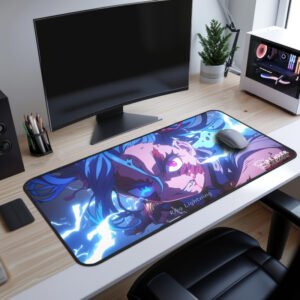 Another angle showing the "Rika Enraged Desk Mat" desk mat with dynamic lighting and the character's fierce expression, placed on a sleek work desk with a laptop and stationary.