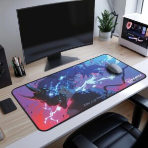 The "Rika Lightning Oni Desk Mat" displayed in a modern desk setup with a glowing character and intense energy effects surrounding her.