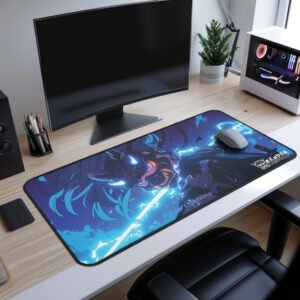 Rika Oni Mask Desk Mat - A larger desk mat featuring the character in full action, with the logo and some additional background elements.