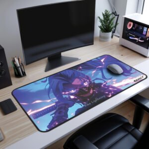 Rika Unsheathed Desk Mat featuring an action shot of the character with the "Rika Lightning" theme on the bottom left of the mat.