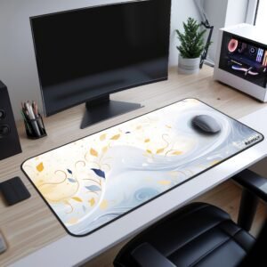 Breeze Desk Mat - A full view of a desk pad with swirling wave-inspired artwork in shades of blue, purple, and teal.