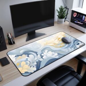 Serene Flow Desk Mat - A gaming and work desk with a dark fantasy-inspired desk mat, displaying an abstract moonlit forest with a golden crescent moon in the background.