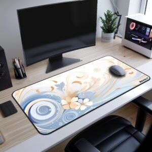 Serene Swirl Desk Mat placed on a dark workspace, showing its floral pattern in detail along with a white mouse.