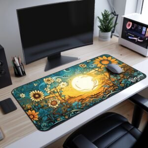 Flat-lay of the river valley-inspired desk mat, displaying an artistic blend of golden clouds, lush greenery, and a bright setting sun.