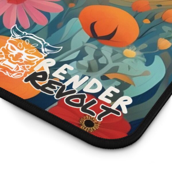 Close-up of the Render Revolt logo on a black background desk mat with bright floral elements.