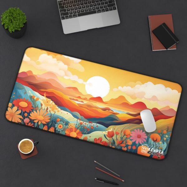 Workstation setup with a dark-themed floral desk mat, showcasing heart patterns and colorful wildflowers.