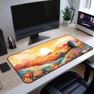 Sunrise Serenade Desk Mat - A floral heart-themed desk mat on a modern setup, featuring vibrant pink, yellow, and blue flowers