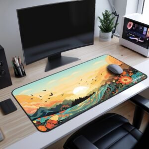 Sunset Symphony Desk Mat on a Workstation setup with a dark-themed floral desk mat, showcasing heart patterns and colorful wildflowers.