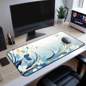 Tulip Drift Desk Mat - A blue floral desk mat featuring swirling golden and white accents with various shades of blue flowers, flowing patterns, and delicate golden details