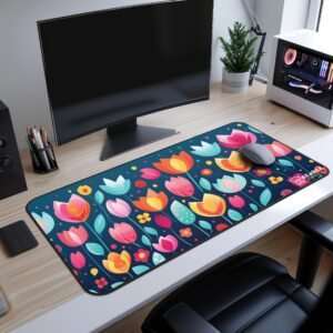 Tulip Glow Desk Mat on a Desk setup with a floral desk mat featuring multicolored tulip flowers on a dark blue background, with a mouse placed on top.