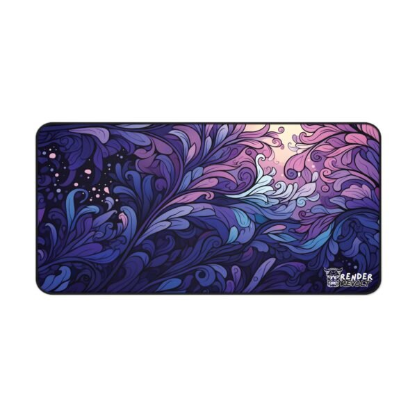 Light blue and gold desk mat with flowing wave-like patterns and delicate floral elements, inspired by Japanese art. Render Revolt branding in the lower corner