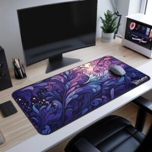 Modern workspace setup with a large, colorful floral desk mat covering the surface, featuring a wireless mouse on top."