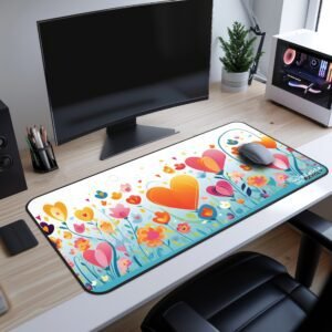Valentine Meadow Desk Mat on a Desk setup with a floral desk mat featuring vibrant heart and tulip-shaped flowers in orange, pink, and yellow on a white and blue gradient background, with a mouse placed on top.