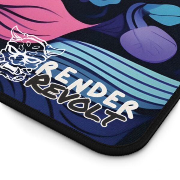 A zoomed-in shot of the desk mat’s corner, showing the rich blue and purple hues, detailed floral strokes, and soft material with precision stitching.