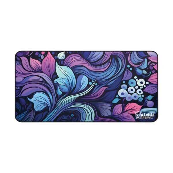 A deep blue and purple floral desk mat with intricate petal-like patterns and glowing blue details laid flat, showing off its elegant and artistic design.