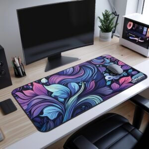 Violet Whirl Desk Mat - The floral desk mat in deep blue and purple with swirls of petals and small glowing details is set up on a gaming desk with a curved monitor, mechanical keyboard, and a gaming PC in the background.