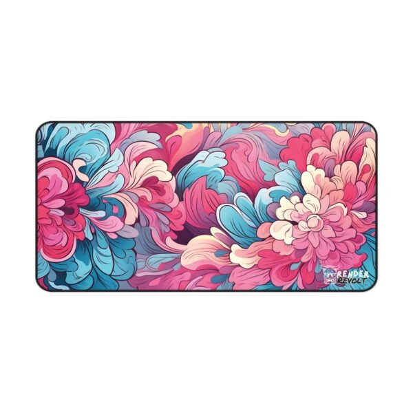Flat-lay image of a dark blue and purple swirl-patterned desk mat with fluid, artistic wave designs.