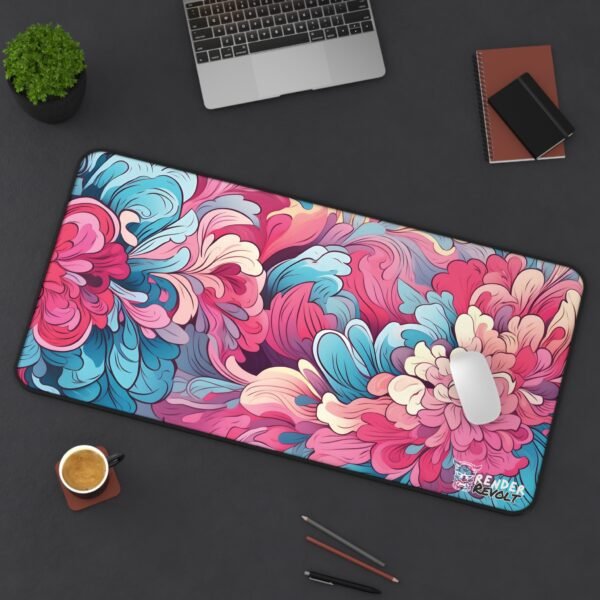 Overhead shot of a dark blue and purple swirl-patterned desk mat on a sleek black desk, featuring a white mouse and minimal accessories