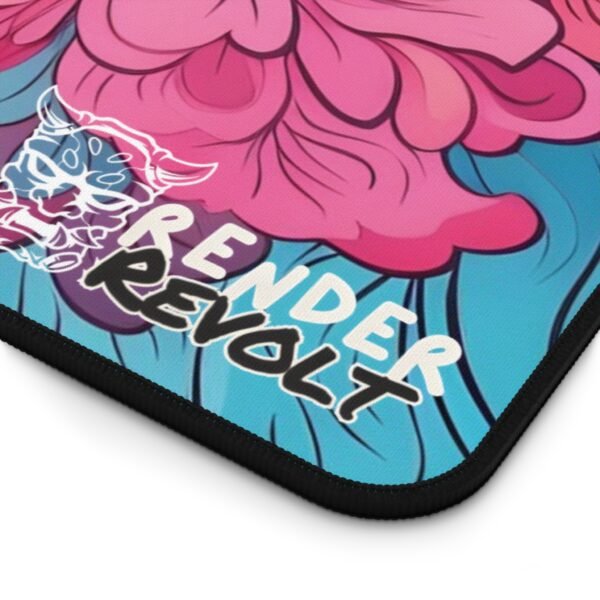 Close-up of "Render Revolt" logo on a blue and purple swirl-patterned desk mat, with black stitched edges.