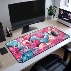 Vivid Bouquet Desk Mat - Gaming setup with a curved monitor, a white PC case, and a deep blue and purple swirl-patterned desk mat.