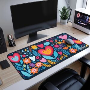 Vivid Hearts Desk Mat - A modern office setup with a large floral desk pad on a white desk. A curved monitor, a gaming PC, and a black office chair complete the stylish workspace.