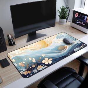 Whispering Flora Desk Mat - Desk setup with a large desk mat featuring a sunset floral design with blue and yellow flowers, a glowing sun, and swirling vines.
